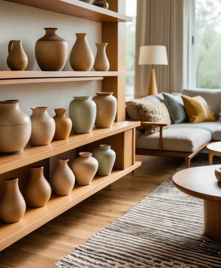 Wooden shelves display various ceramic vases in a modern living room with a sofa, cushions, a floor lamp, and large windows letting in natural light.
