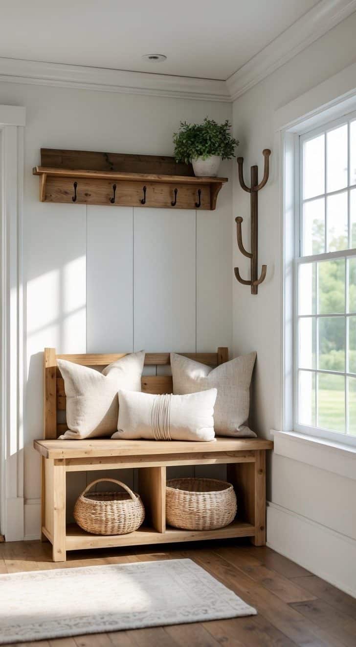 A wooden entryway bench with cushions and woven baskets underneath, a wall-mounted coat rack with hooks, and a plant on a shelf beside a window with sunlight streaming in.