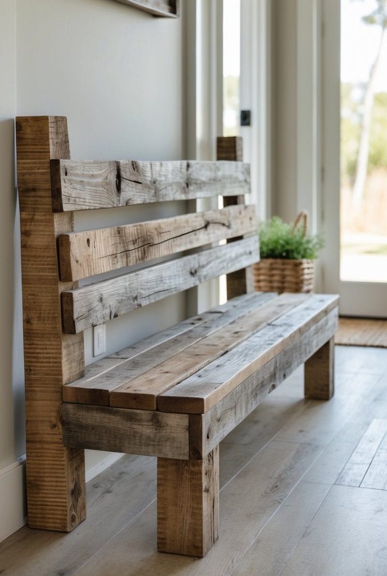 A wooden bench made from unfinished planks sits in a bright entryway with a woven basket and a window on the left wall.