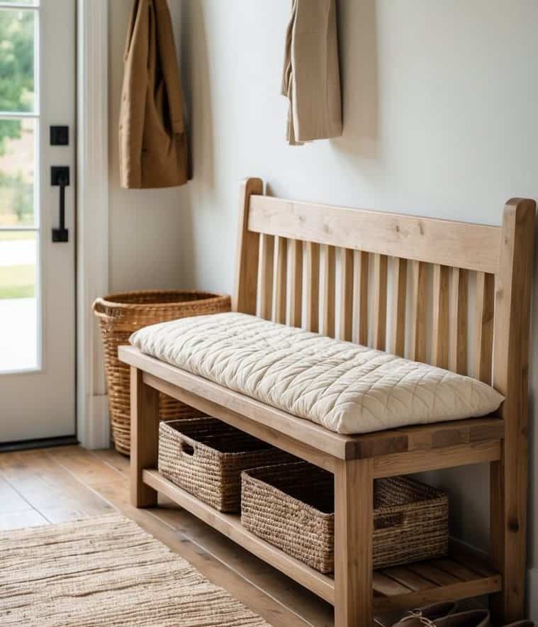 A tidy entryway with a wooden bench, cushioned seat, woven baskets underneath, wall hooks holding coats, and slippers on a rug near a door.