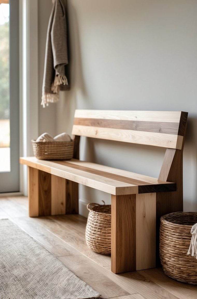 A wooden bench with a backrest sits against a wall in a hallway, with woven baskets underneath and a folded blanket hung on a hook nearby.