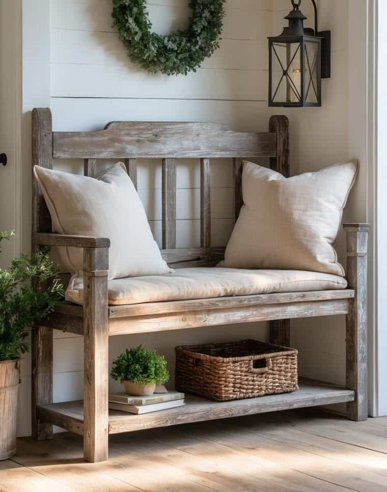 A rustic wooden bench with cushions sits against a white shiplap wall, beneath a green wreath and next to a black lantern. A basket and small plants are on the bench and floor.
