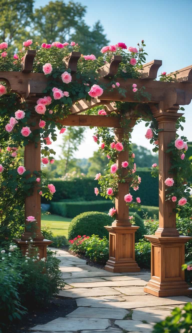 A wooden pergola covered with climbing roses in a garden with green plants and a stone pathway.