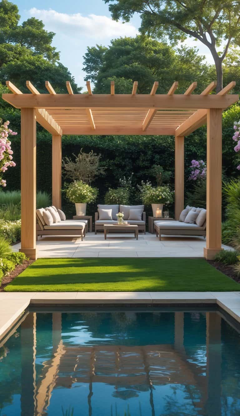 A wooden pergola over a poolside lounge area with chairs and plants surrounding it.