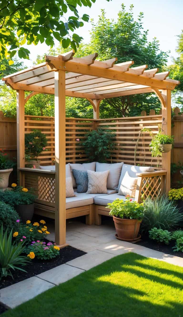 A wooden corner pergola in a small garden with green plants, colorful flowers, and outdoor seating beneath it.