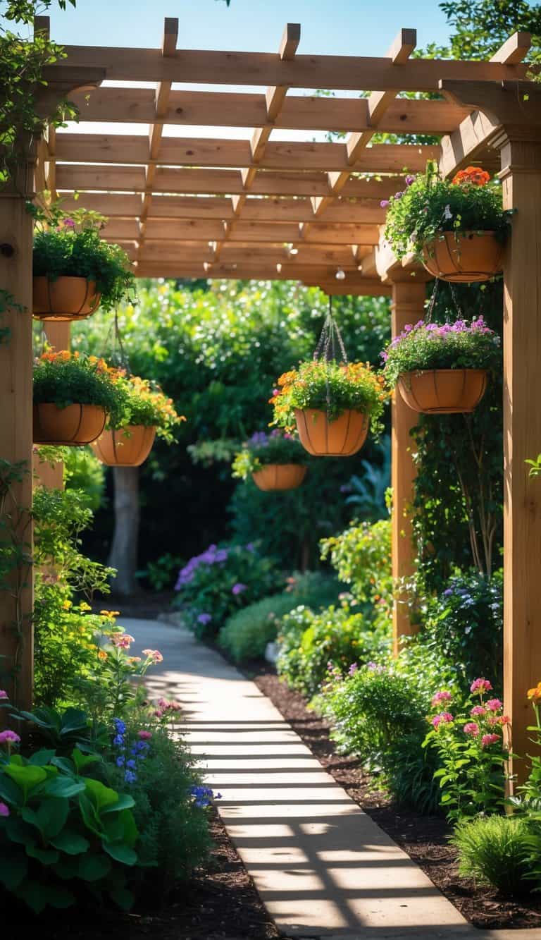 A wooden pergola in a garden with hanging planters filled with green plants and flowers, surrounded by lush vegetation.
