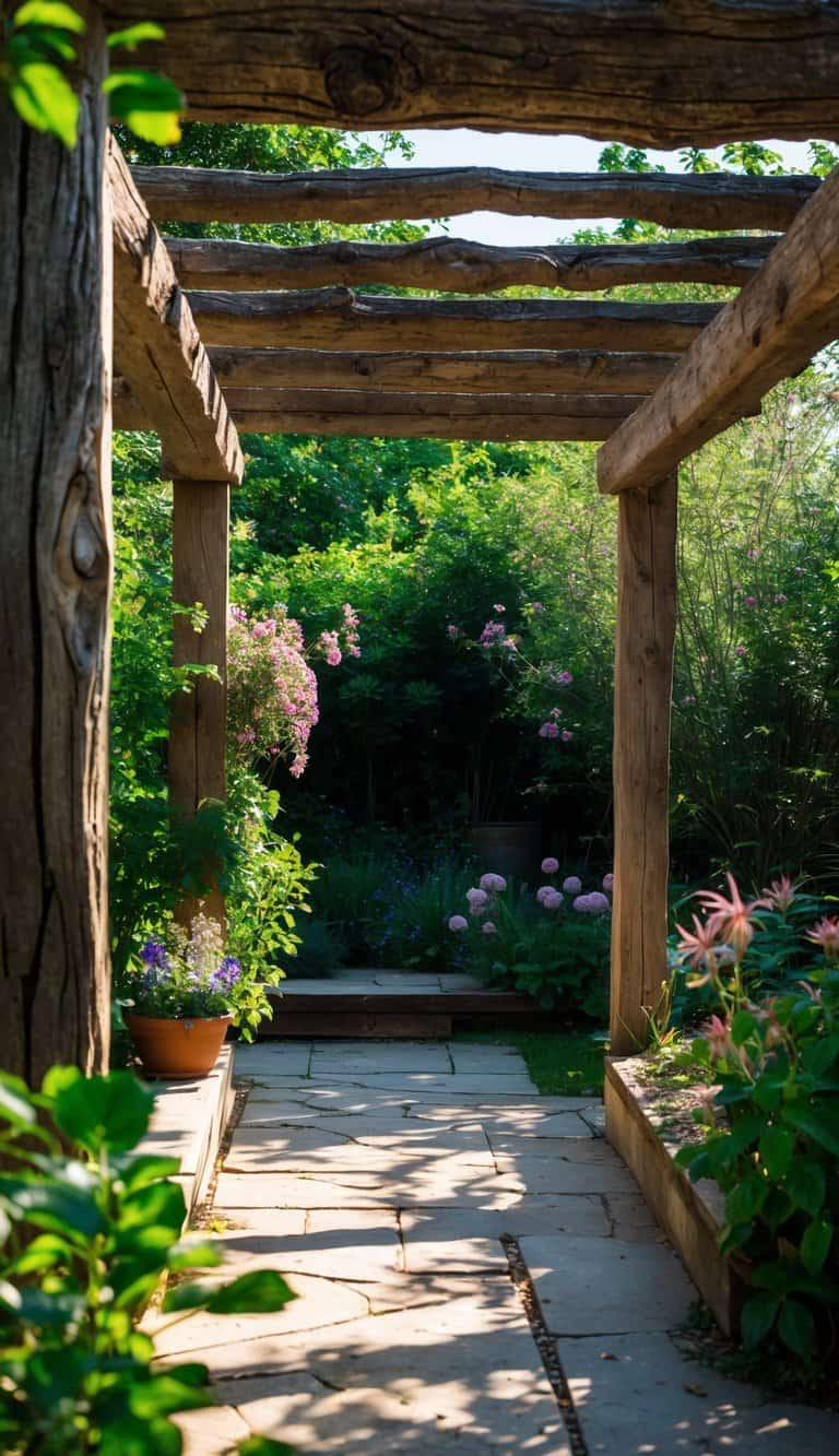 A rustic wooden pergola in a garden surrounded by green plants and flowers with sunlight filtering through the beams.