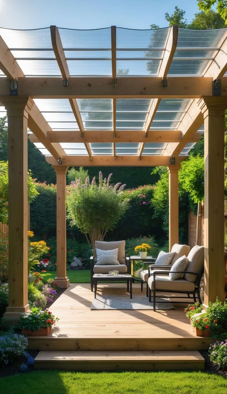 A wooden garden pergola with a clear polycarbonate roof surrounded by plants and outdoor furniture.