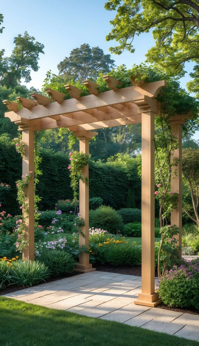 A standalone wooden pergola surrounded by a vibrant garden with flowers, shrubs, and trees under a clear sky.