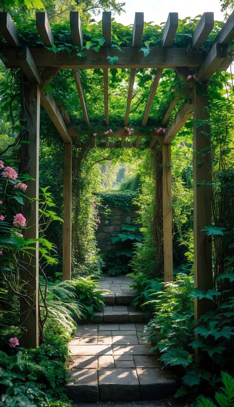 A wooden pergola covered in dense green vines and plants in a garden with a stone pathway beneath it.