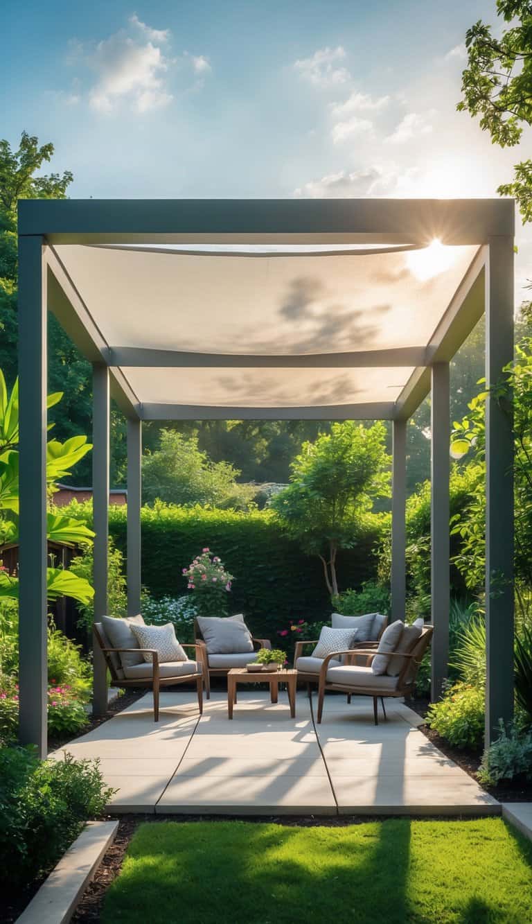 A garden pergola with a translucent fabric roof surrounded by greenery and outdoor furniture underneath.