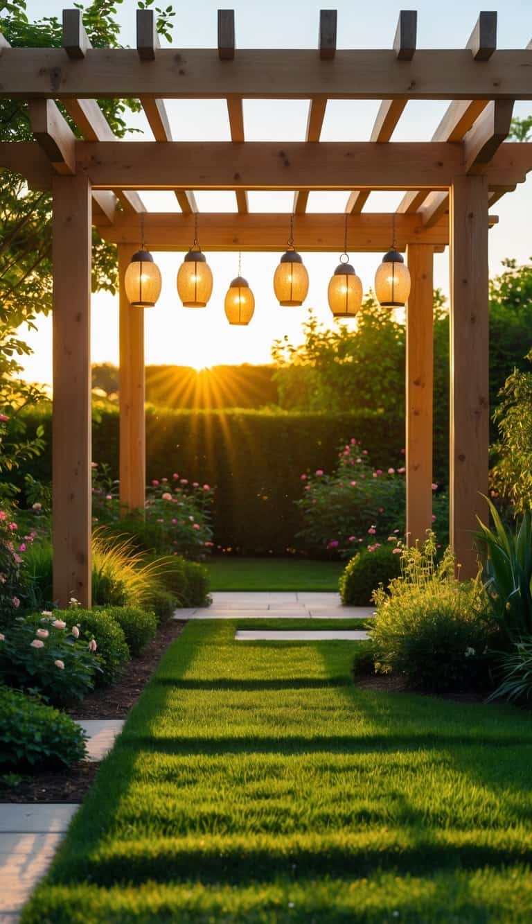 A wooden garden pergola with hanging lanterns surrounded by green plants and flowers under a clear sky.