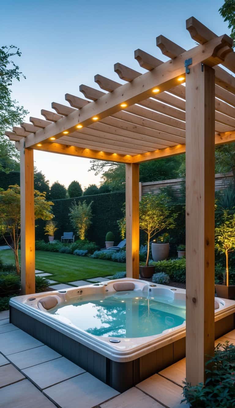 A wooden pergola over a hot tub surrounded by green plants and garden landscaping.