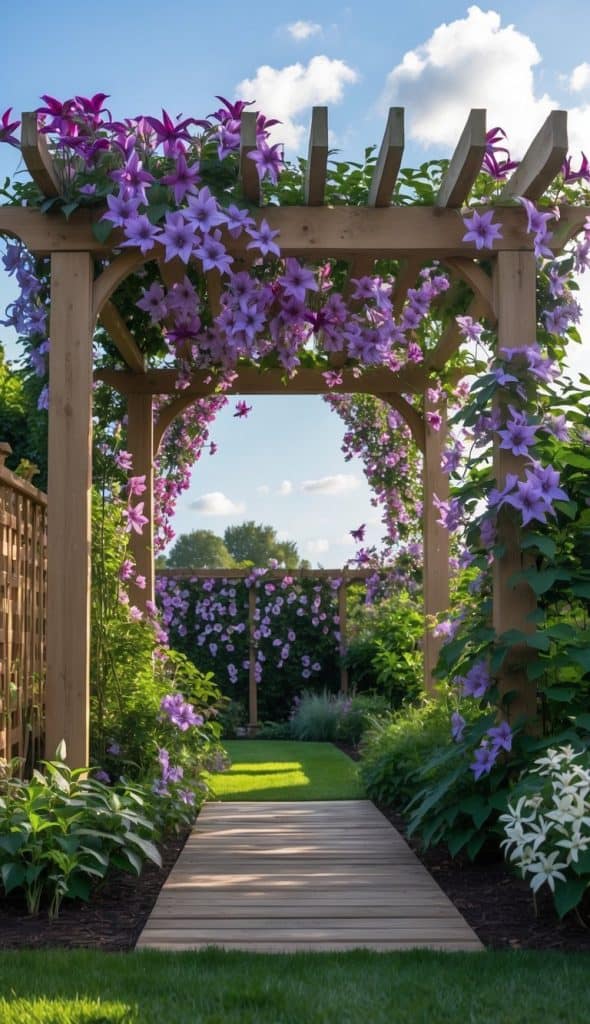 A wooden garden arbor covered in purple and white clematis flowers arches over a path bordered by green shrubs, leading to a fenced yard on a sunny day.