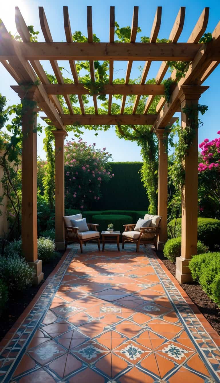 A garden pergola with terracotta tile flooring surrounded by plants and outdoor furniture.