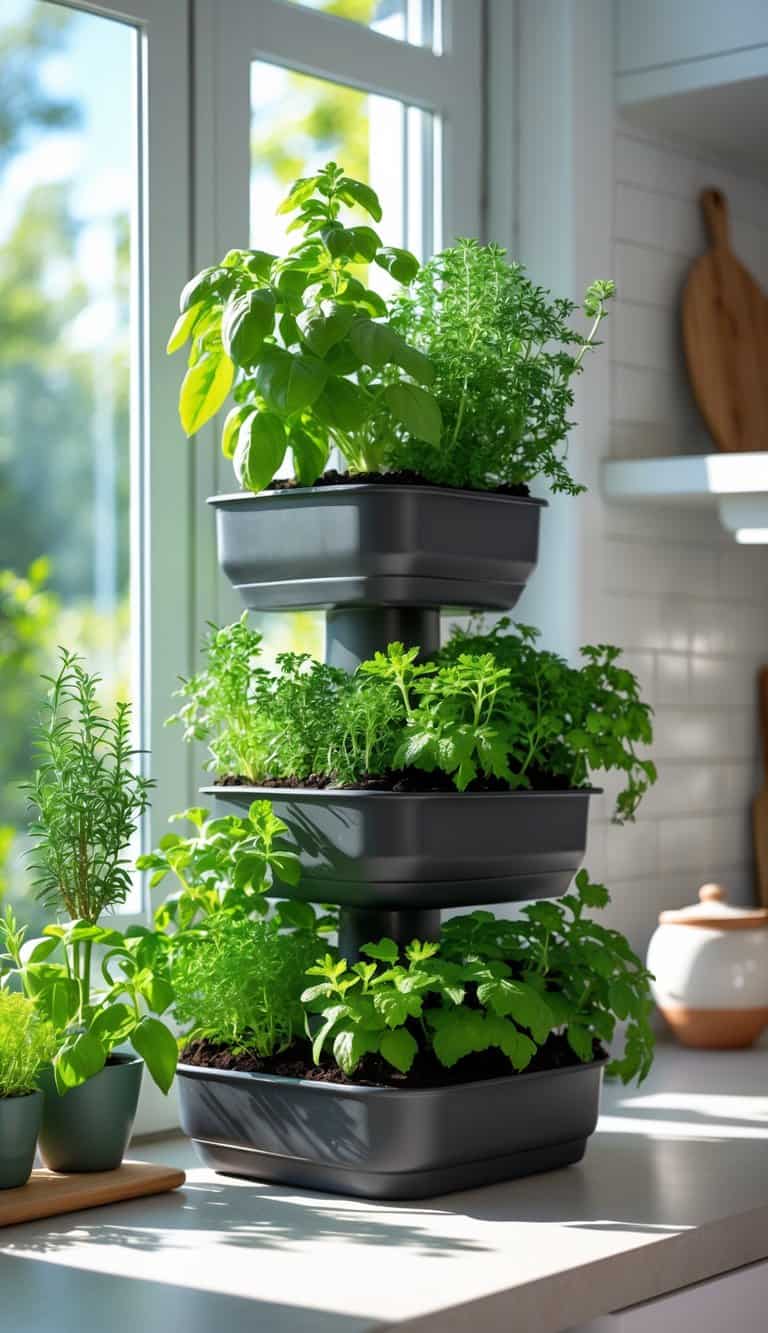 Tiered herb planter with various green herbs placed near a kitchen window with sunlight coming through.