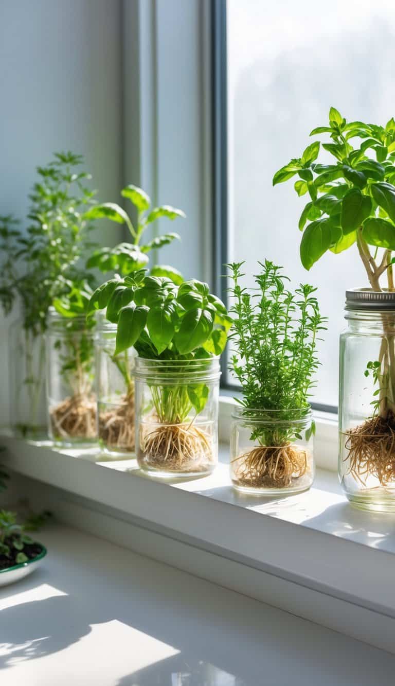 Clear glass containers with green herb plants showing visible roots, arranged on a windowsill in a small indoor garden.