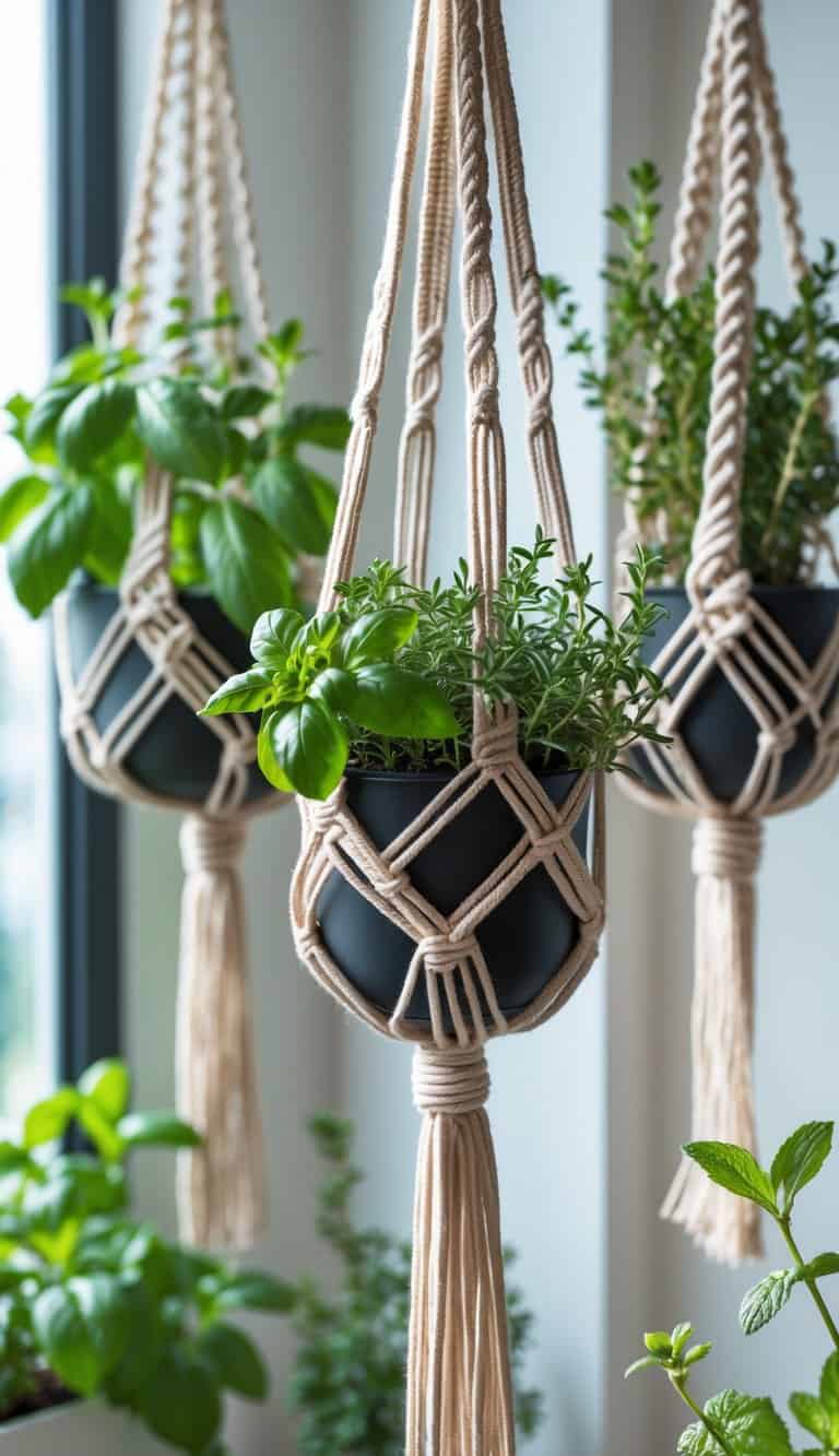 Various mixed herbs growing in handmade macramé plant holders hanging indoors.