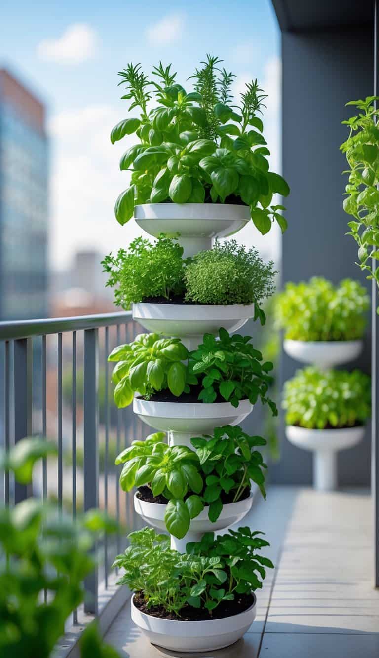 A small balcony garden with vertical herb garden towers filled with various green herbs.