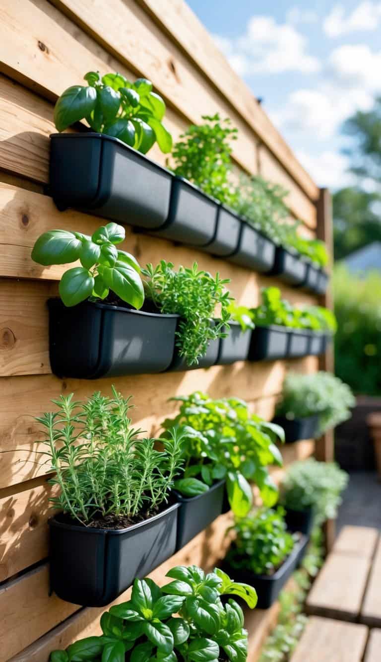 Pocket planters with various green herbs attached to wooden fence panels in a sunlit outdoor garden.