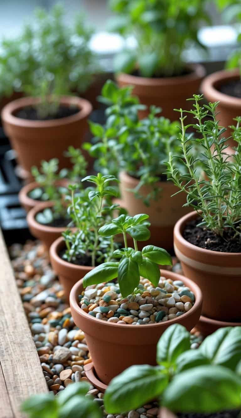 Small pots with fresh green herbs growing, showing a base layer of pebbles for drainage inside the pots on a wooden surface.
