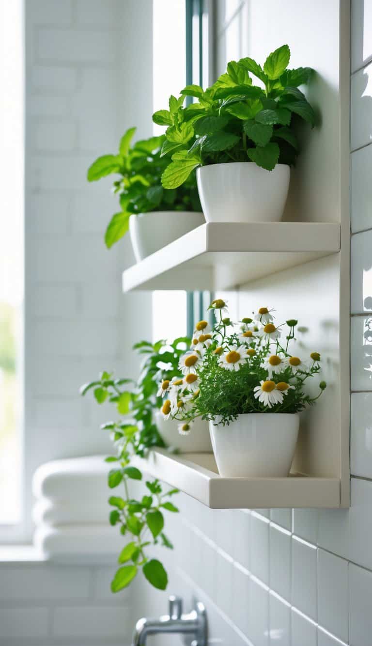 A narrow bathroom shelf holding small pots of fresh mint and chamomile plants in a bright, clean bathroom.