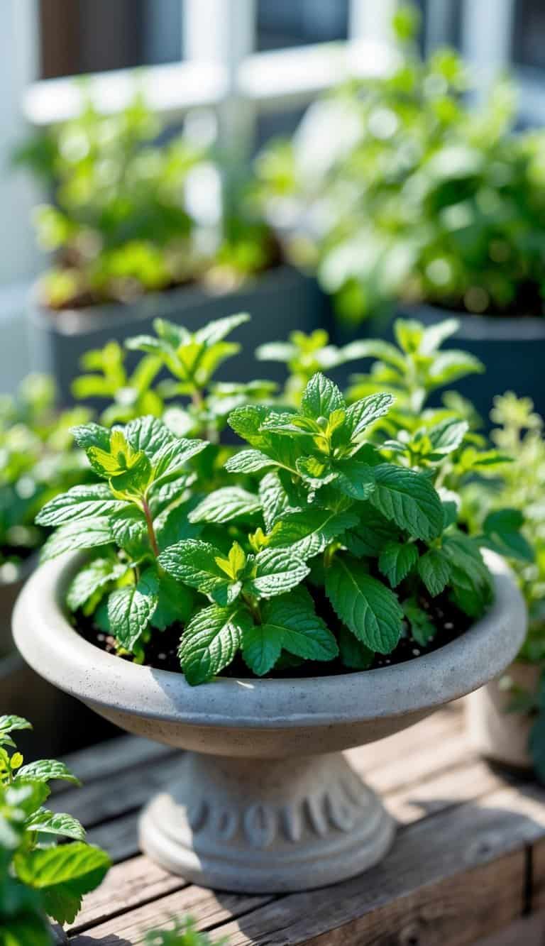 A shallow birdbath-style container filled with green mint plants on a wooden surface in a small garden setting.
