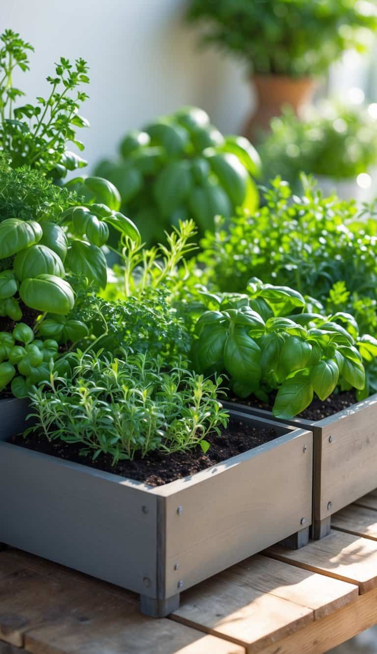 A tabletop raised bed garden filled with various fresh culinary herbs like basil, thyme, rosemary, and parsley.