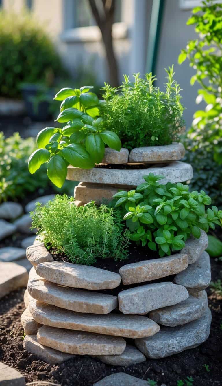 A small outdoor herb garden featuring a spiral made of stacked stones filled with various green herbs.