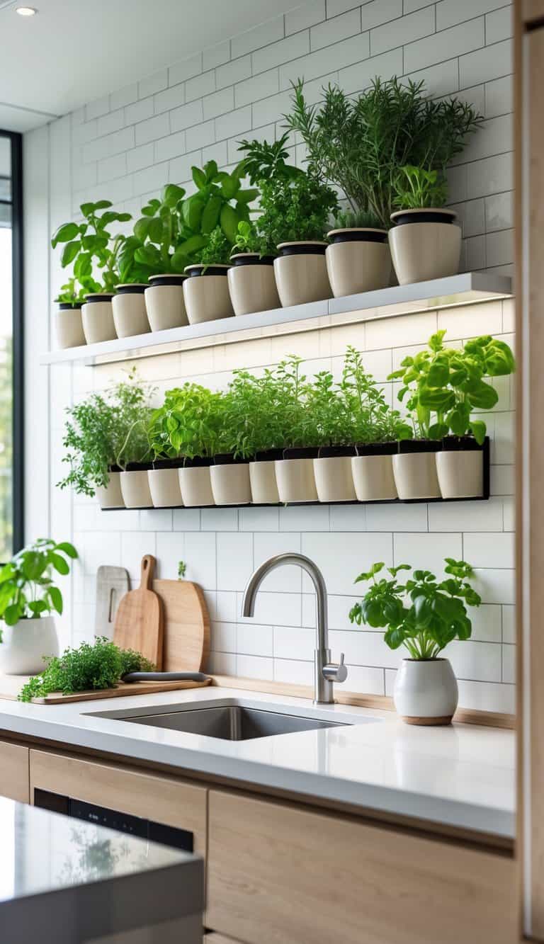 Kitchen backsplash with built-in small pots of fresh green herbs growing above a clean countertop.