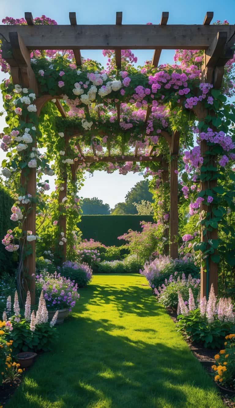 A garden pergola covered with flowering climbing vines surrounded by greenery and flowers under a clear sky.