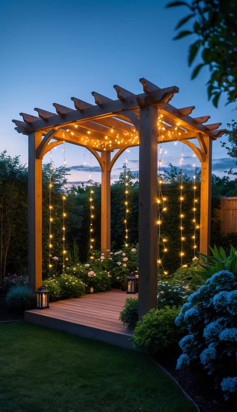 A wooden garden pergola adorned with hanging fairy lights surrounded by green plants and flowers at dusk.