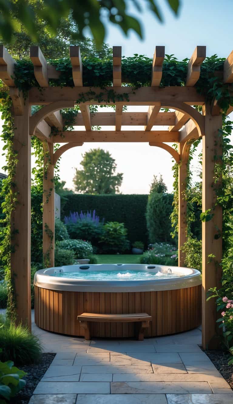 Outdoor hot tub area surrounded by a wooden pergola with plants and greenery.