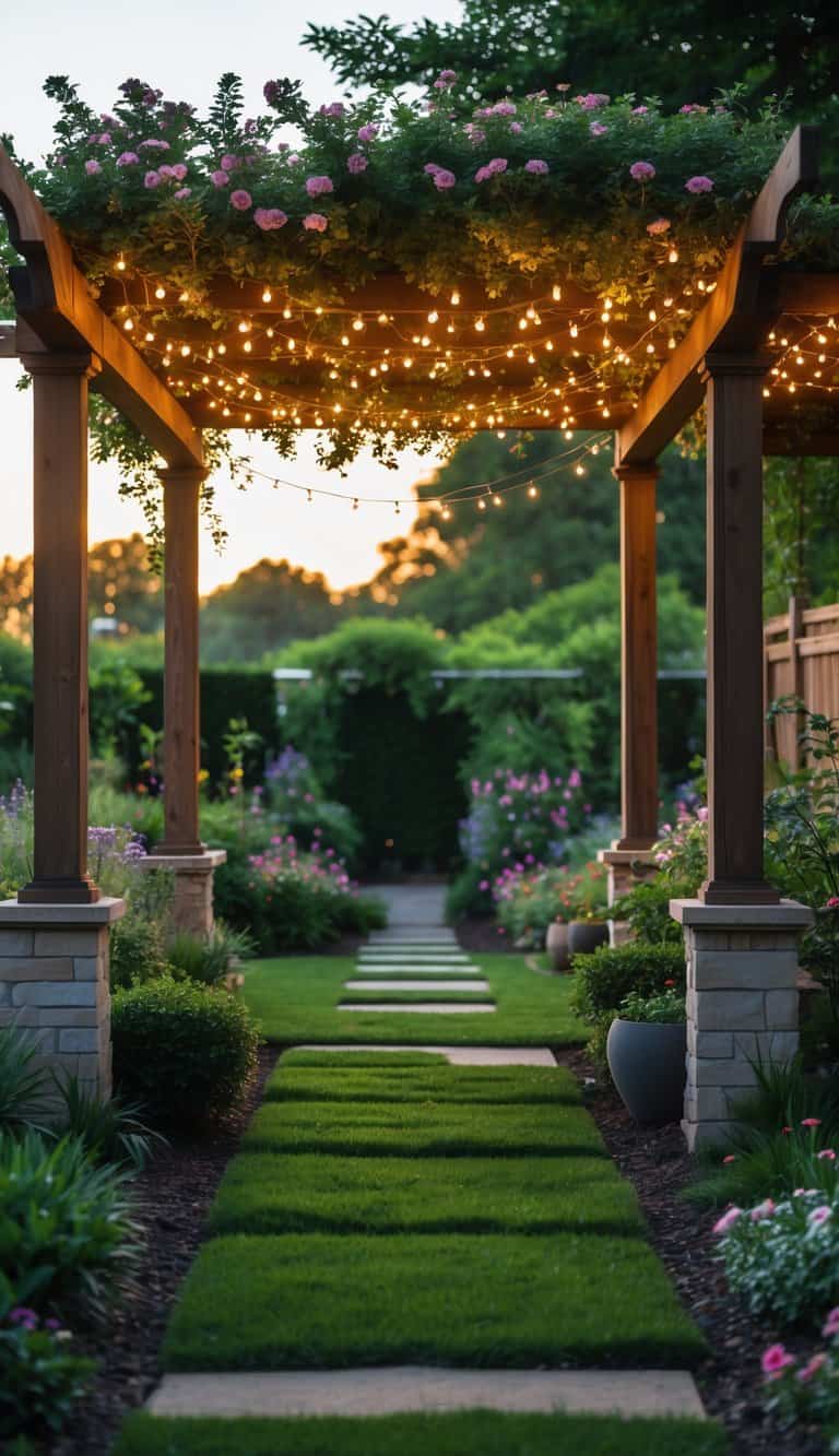 A garden pergola with a canopy of fairy lights surrounded by greenery and flowers.