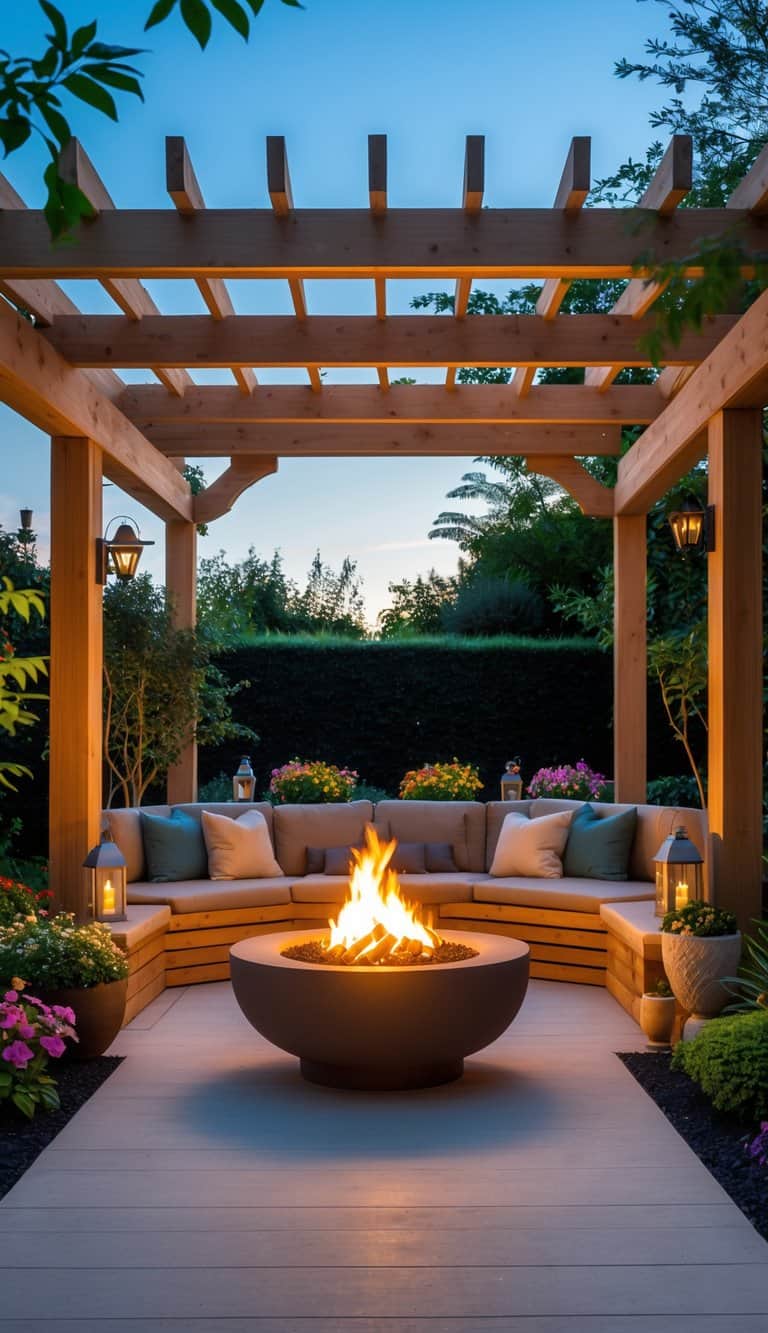 A garden pergola with a built-in fire pit surrounded by outdoor seating and plants.