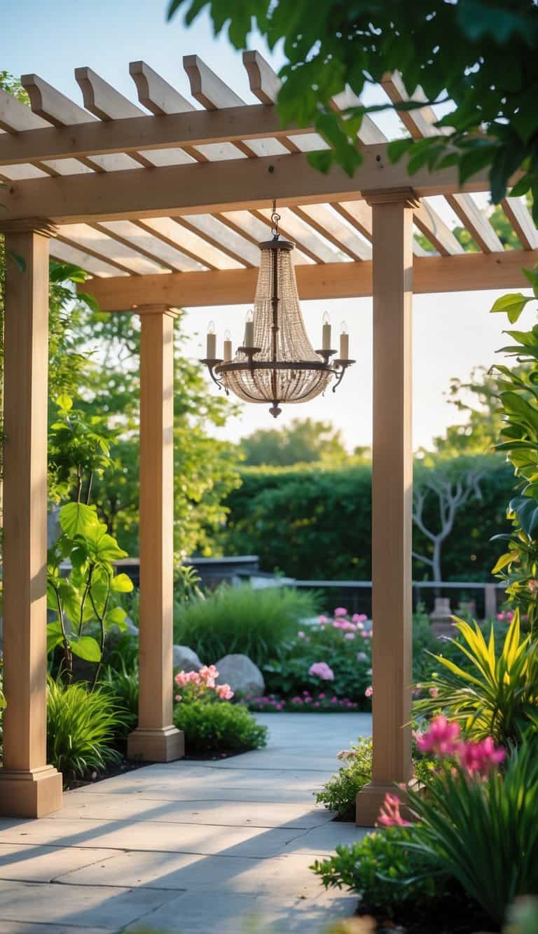A wooden garden pergola with an outdoor chandelier hanging in the center, surrounded by green plants and flowers.