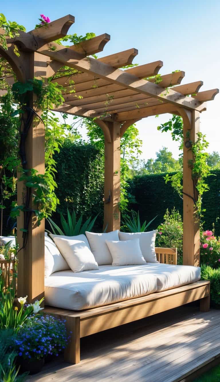 A garden pergola with an outdoor daybed surrounded by plants and flowers.
