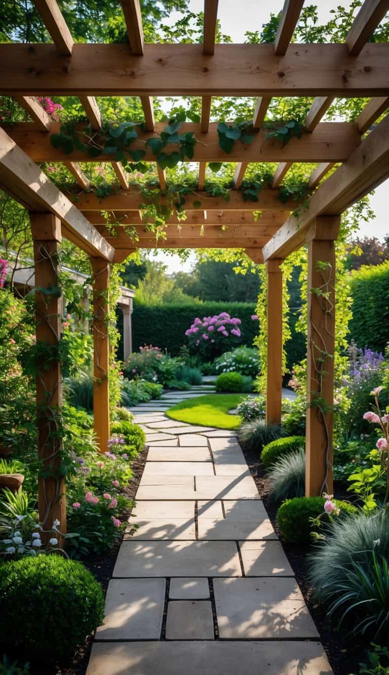 A garden path framed by a wooden pergola with climbing plants and flowers, surrounded by lush greenery.