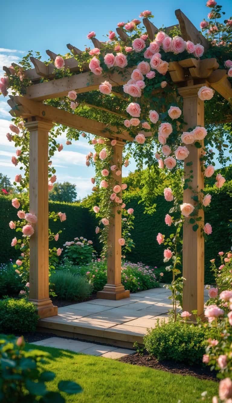 A wooden garden pergola covered with blooming climbing roses surrounded by green plants and a lawn.