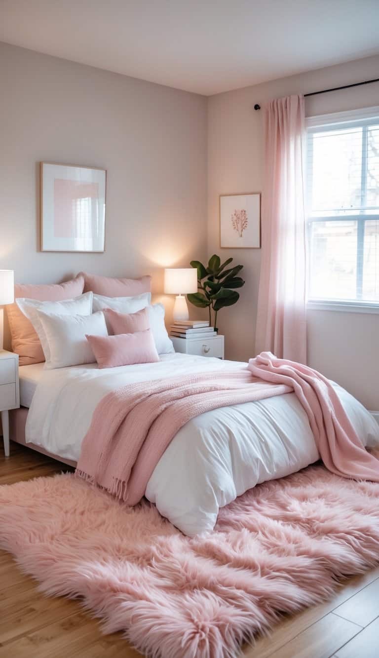 A bedroom with a large blush pink fluffy rug on the floor, a neatly made bed with pink and white bedding, nightstands with lamps, and soft natural light coming through a window.