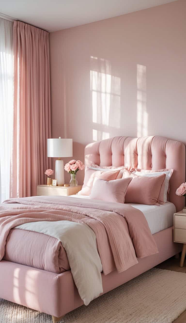 A cozy bedroom with a blush pink bed, light pink walls, pink curtains, and a wooden nightstand with a lamp and flowers.