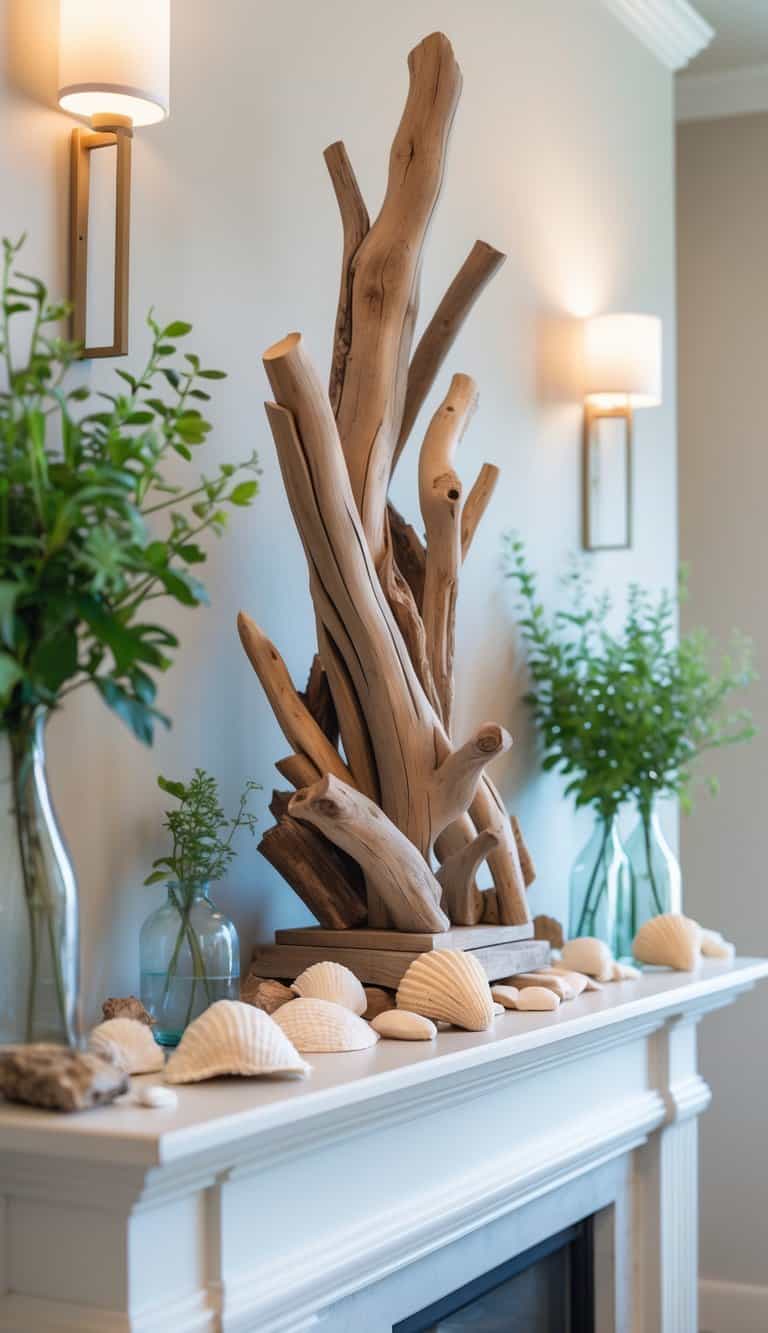 A mantel decorated with a driftwood sculpture, seashells, and green foliage under warm natural light.