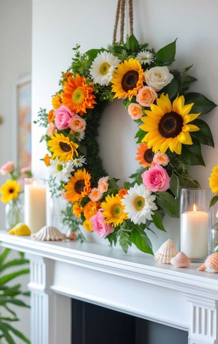 A floral wreath with sunflowers, daisies, and roses hangs above a white mantel decorated with candles, seashells, and more flowers.