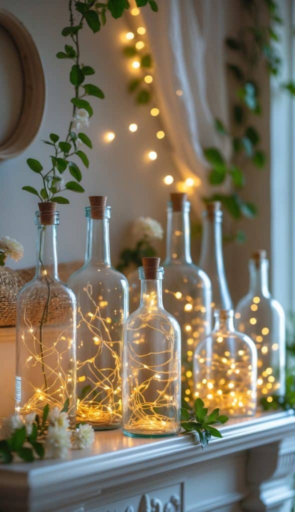 Several glass bottles with cork stoppers are arranged on a mantel, each filled with string lights; greenery and fairy lights decorate the background.