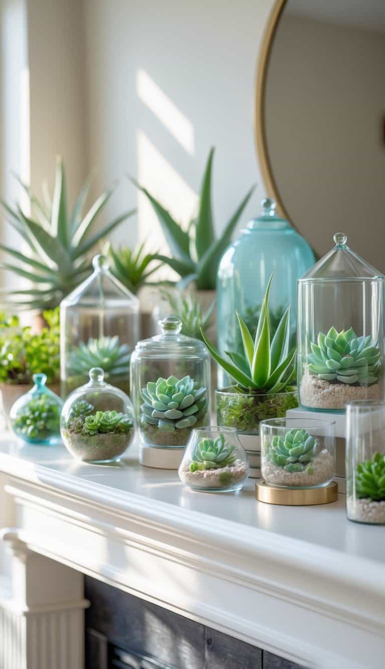 A mantel decorated with fifty different succulent terrariums in glass containers, filled with green and pastel-colored plants, bathed in natural sunlight.