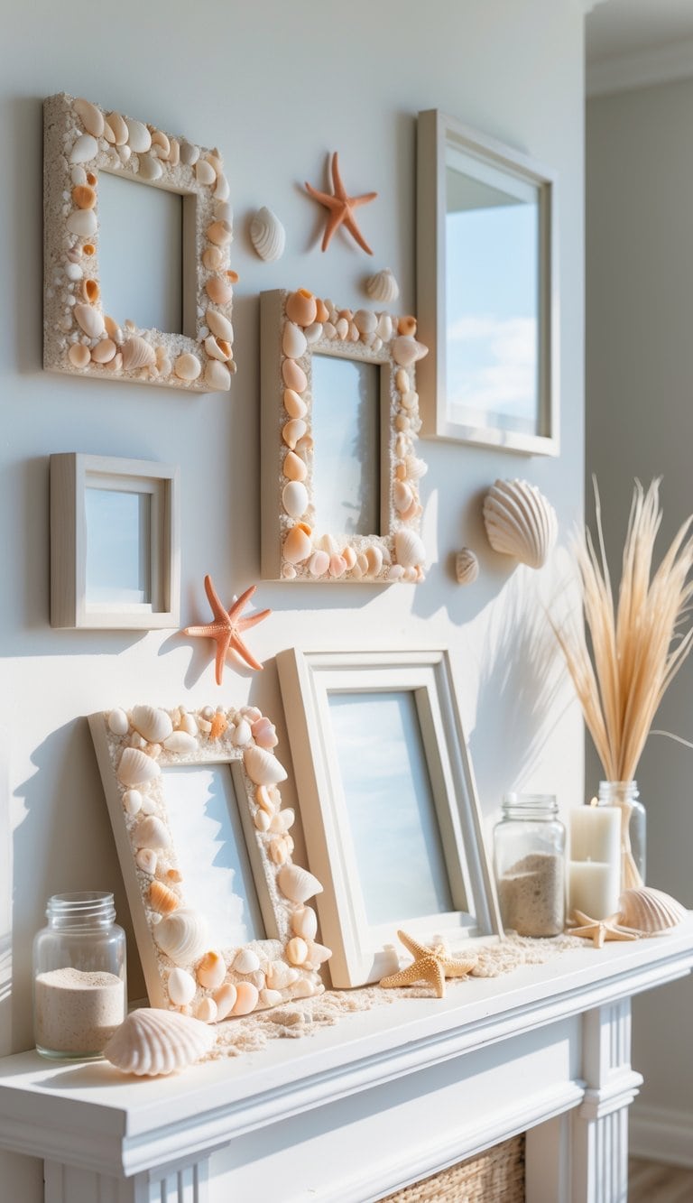 A summer mantel decorated with seashell-encrusted picture frames, small jars of sand and shells, dried sea grass, and white candles on a white wooden shelf.