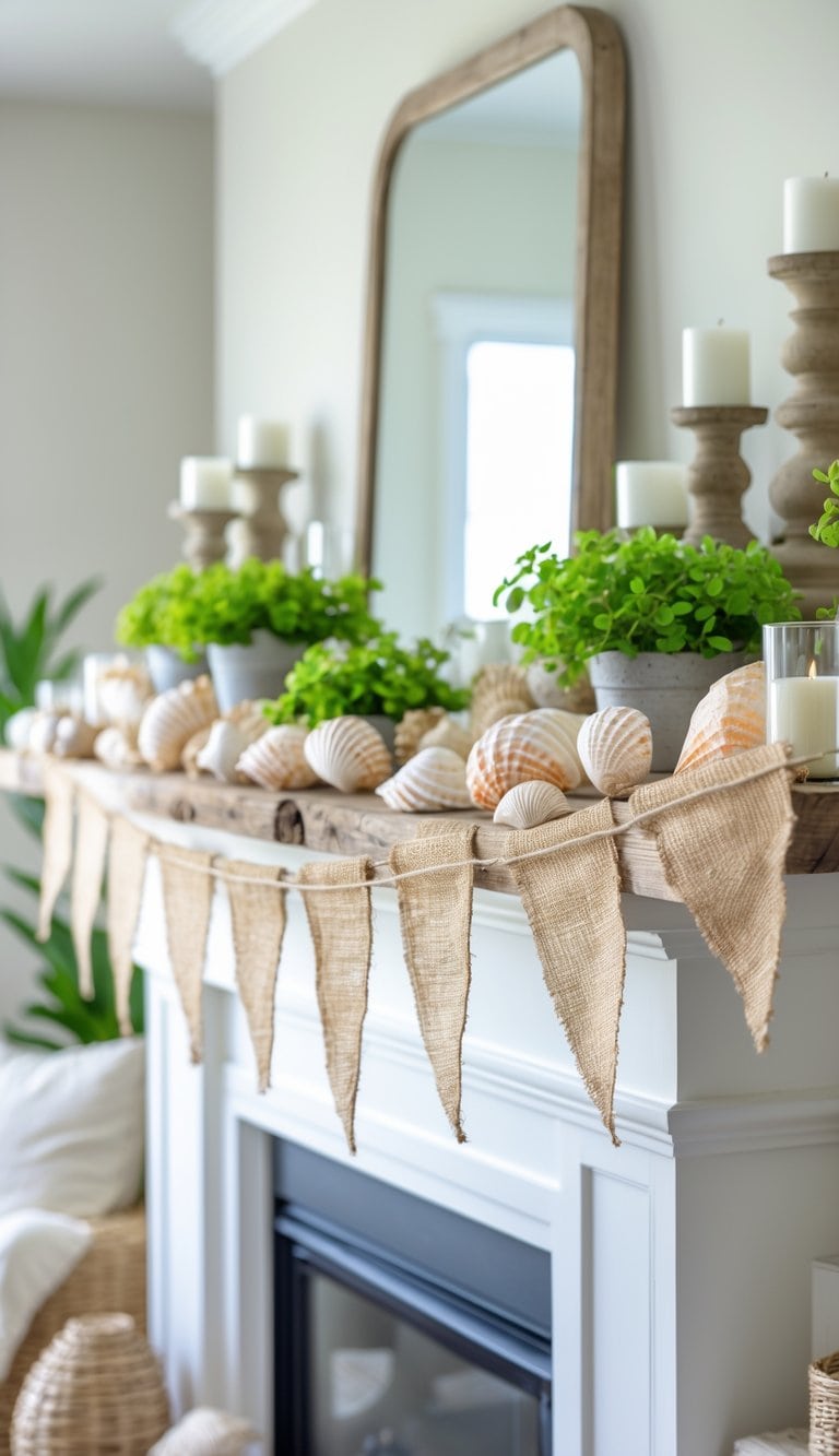 A mantel decorated with a burlap banner, seashells, potted plants, candles, and wooden accents creating a summer-themed display.