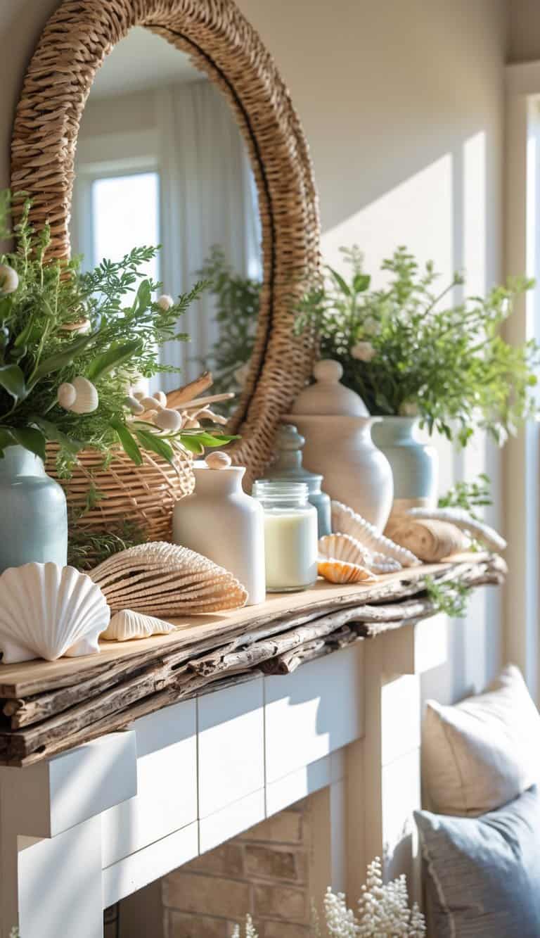 A summer mantel decorated with natural elements like woven baskets, seashells, greenery, ceramic vases, and candles arranged on a wooden shelf.
