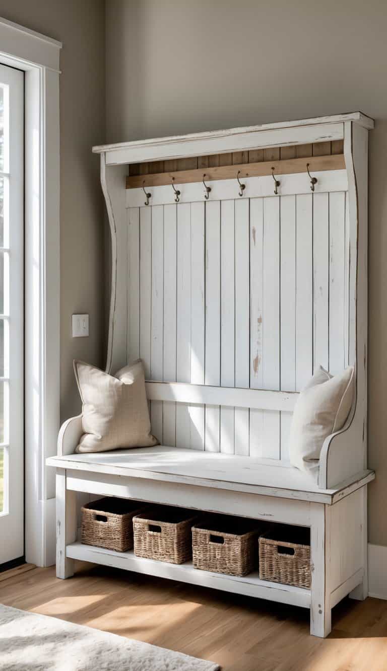 A distressed white wooden bench with an open lower shelf in an entryway, featuring woven baskets on the shelf and natural lighting.