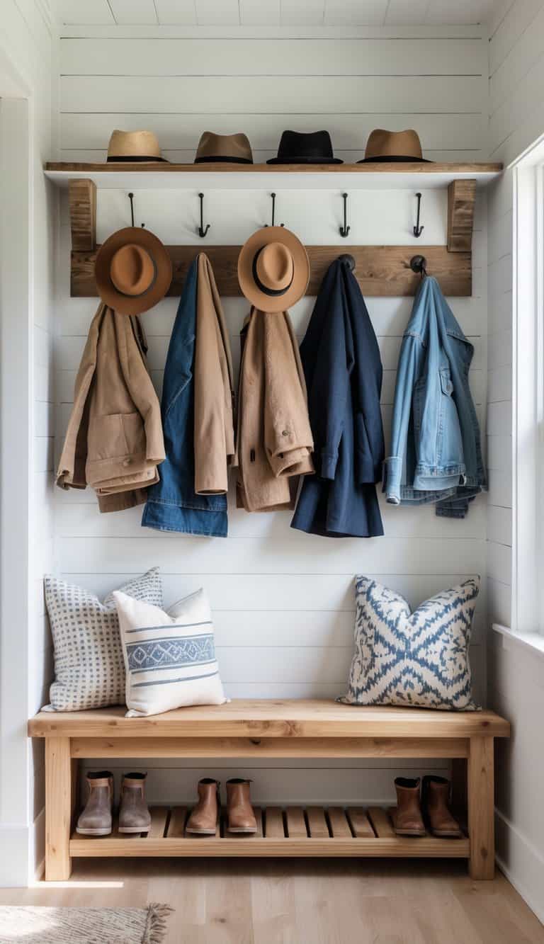 A wooden bench with coat hooks and a shelf holding hats in an entryway.
